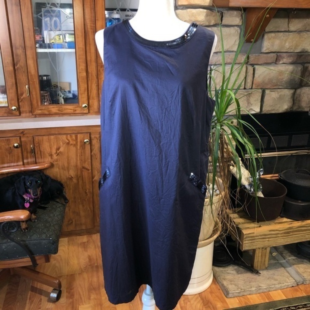 LOFT SIZE 14 NAVY BLUE SLEEVELESS DRESS WITH SEQUIN FULLY LINED LIKE NEW